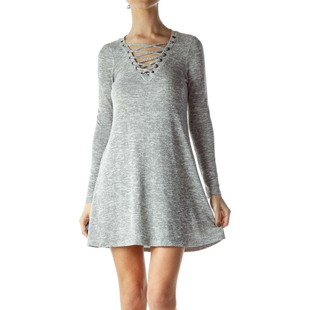 About A Girl Gray Jersey-Knit Dress with Tie Detail